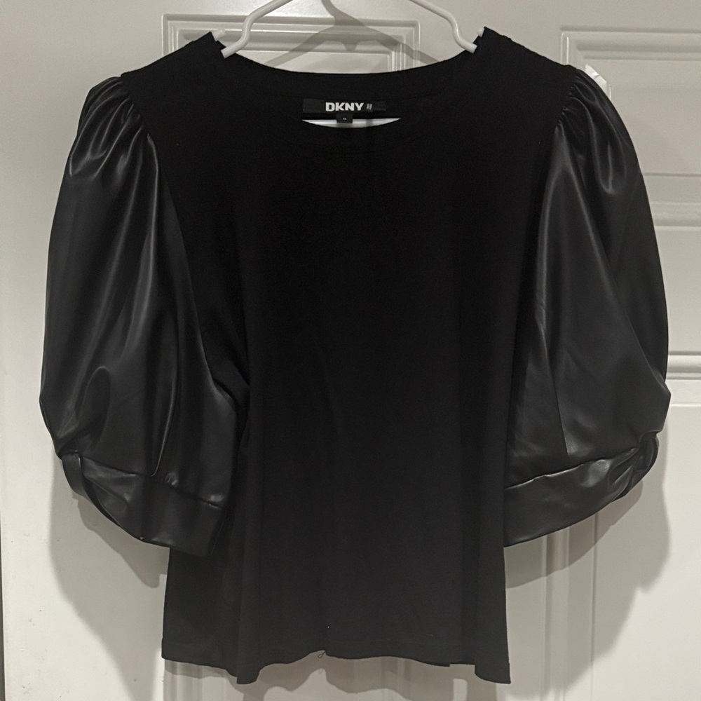 DKNY New without Tags Black Top with Puff Faux-Leather Sleeves